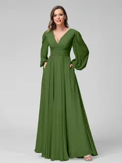 A-Line/Princess V-Neck Long Sleeves Floor-Length Bridemaid Dresses With Split Side & Pockets — view 65