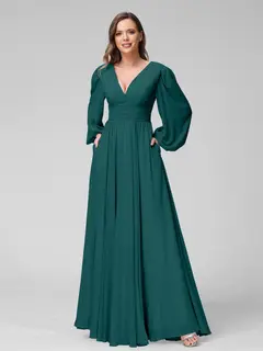 A-Line/Princess V-Neck Long Sleeves Floor-Length Bridemaid Dresses With Split Side & Pockets — view 66