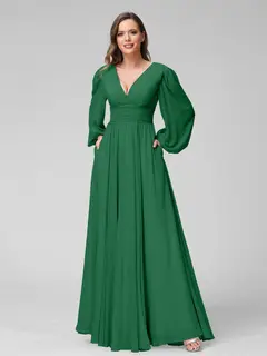 A-Line/Princess V-Neck Long Sleeves Floor-Length Bridemaid Dresses With Split Side & Pockets — view 67
