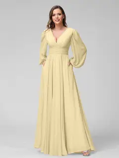 A-Line/Princess V-Neck Long Sleeves Floor-Length Bridemaid Dresses With Split Side & Pockets — view 68