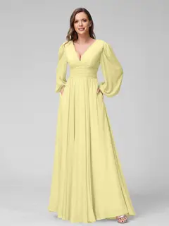 A-Line/Princess V-Neck Long Sleeves Floor-Length Bridemaid Dresses With Split Side & Pockets — view 69
