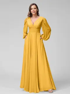 A-Line/Princess V-Neck Long Sleeves Floor-Length Bridemaid Dresses With Split Side & Pockets — view 70