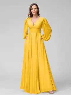 A-Line/Princess V-Neck Long Sleeves Floor-Length Bridemaid Dresses With Split Side & Pockets — view 71