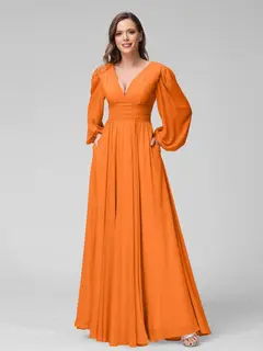A-Line/Princess V-Neck Long Sleeves Floor-Length Bridemaid Dresses With Split Side & Pockets — view 72