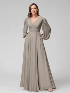 A-Line/Princess V-Neck Long Sleeves Floor-Length Bridemaid Dresses With Split Side & Pockets — view 73