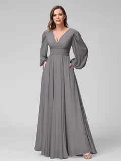 A-Line/Princess V-Neck Long Sleeves Floor-Length Bridemaid Dresses With Split Side & Pockets — view 74