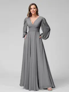 A-Line/Princess V-Neck Long Sleeves Floor-Length Bridemaid Dresses With Split Side & Pockets — view 75