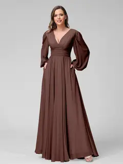 A-Line/Princess V-Neck Long Sleeves Floor-Length Bridemaid Dresses With Split Side & Pockets — view 76