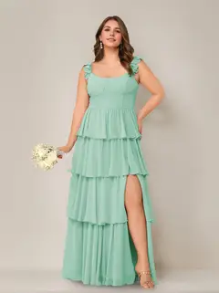 A-Line/Princess Scoop Neck Sleeveless Floor-Length Bridesmaid Dress with Ruffles & Split Side — view 3