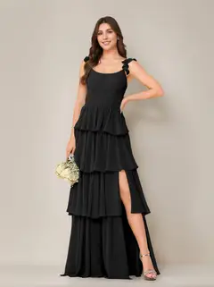 A-Line/Princess Scoop Neck Sleeveless Floor-Length Bridesmaid Dress with Ruffles & Split Side — view 4