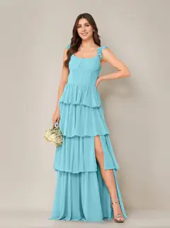 A-Line/Princess Scoop Neck Sleeveless Floor-Length Bridesmaid Dress with Ruffles & Split Side — view 5