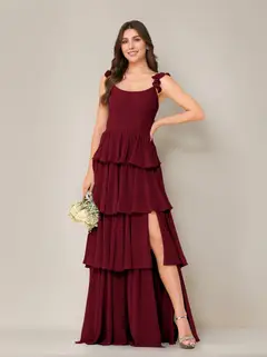 A-Line/Princess Scoop Neck Sleeveless Floor-Length Bridesmaid Dress with Ruffles & Split Side — view 6
