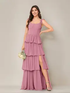 A-Line/Princess Scoop Neck Sleeveless Floor-Length Bridesmaid Dress with Ruffles & Split Side — view 8