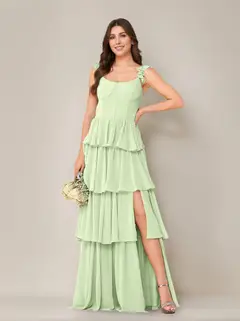 A-Line/Princess Scoop Neck Sleeveless Floor-Length Bridesmaid Dress with Ruffles & Split Side — view 9