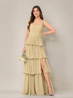 A-Line/Princess Scoop Neck Sleeveless Floor-Length Bridesmaid Dress with Ruffles & Split Side — view 10