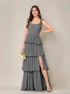 A-Line/Princess Scoop Neck Sleeveless Floor-Length Bridesmaid Dress with Ruffles & Split Side — view 11