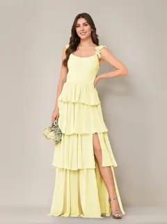 A-Line/Princess Scoop Neck Sleeveless Floor-Length Bridesmaid Dress with Ruffles & Split Side — view 14