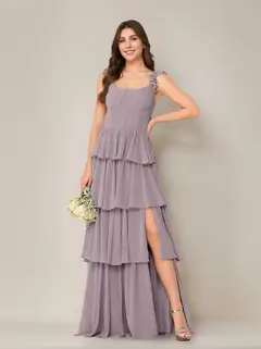A-Line/Princess Scoop Neck Sleeveless Floor-Length Bridesmaid Dress with Ruffles & Split Side — view 17