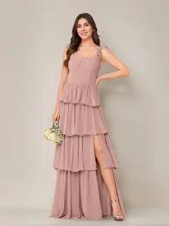 A-Line/Princess Scoop Neck Sleeveless Floor-Length Bridesmaid Dress with Ruffles & Split Side — view 19