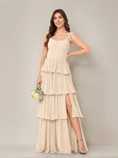 A-Line/Princess Scoop Neck Sleeveless Floor-Length Bridesmaid Dress with Ruffles & Split Side — view 38