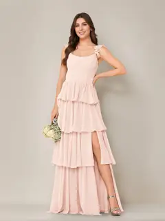 A-Line/Princess Scoop Neck Sleeveless Floor-Length Bridesmaid Dress with Ruffles & Split Side — view 39