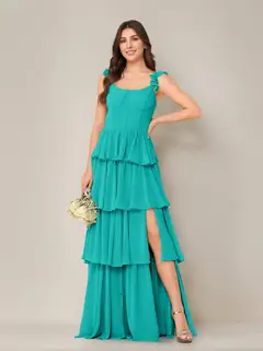 A-Line/Princess Scoop Neck Sleeveless Floor-Length Bridesmaid Dress with Ruffles & Split Side — view 41