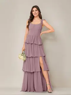 A-Line/Princess Scoop Neck Sleeveless Floor-Length Bridesmaid Dress with Ruffles & Split Side — view 55