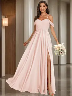 A-Line/Princess Off Shoulder Sweetheart Sleeveless Floor Length Bridesmaid Dresses Chiffon with Pockets Slit — view 1