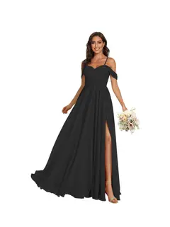 A-Line/Princess Off Shoulder Sweetheart Sleeveless Floor Length Bridesmaid Dresses Chiffon with Pockets Slit — view 2