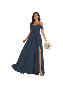 A-Line/Princess Off Shoulder Sweetheart Sleeveless Floor Length Bridesmaid Dresses Chiffon with Pockets Slit — view 4