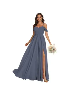 A-Line/Princess Off Shoulder Sweetheart Sleeveless Floor Length Bridesmaid Dresses Chiffon with Pockets Slit — view 26