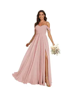 A-Line/Princess Off Shoulder Sweetheart Sleeveless Floor Length Bridesmaid Dresses Chiffon with Pockets Slit — view 28