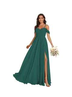 A-Line/Princess Off Shoulder Sweetheart Sleeveless Floor Length Bridesmaid Dresses Chiffon with Pockets Slit — view 29
