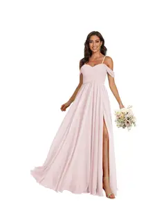 A-Line/Princess Off Shoulder Sweetheart Sleeveless Floor Length Bridesmaid Dresses Chiffon with Pockets Slit — view 30