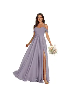 A-Line/Princess Off Shoulder Sweetheart Sleeveless Floor Length Bridesmaid Dresses Chiffon with Pockets Slit — view 32