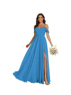 A-Line/Princess Off Shoulder Sweetheart Sleeveless Floor Length Bridesmaid Dresses Chiffon with Pockets Slit — view 35