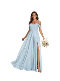 A-Line/Princess Off Shoulder Sweetheart Sleeveless Floor Length Bridesmaid Dresses Chiffon with Pockets Slit — view 36
