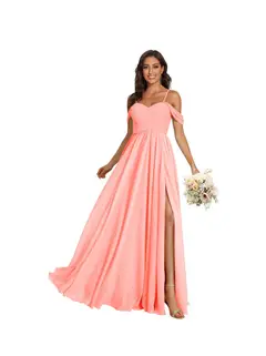 A-Line/Princess Off Shoulder Sweetheart Sleeveless Floor Length Bridesmaid Dresses Chiffon with Pockets Slit — view 39