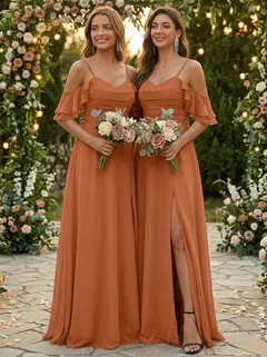 A-Line/Princess Spaghetti Straps Chiffon Bridesmaid Dresses with Split Side Short Sleeves Floor Length — view 1
