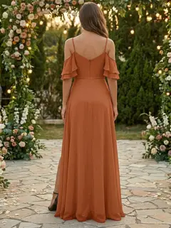 A-Line/Princess Spaghetti Straps Chiffon Bridesmaid Dresses with Split Side Short Sleeves Floor Length — view 2