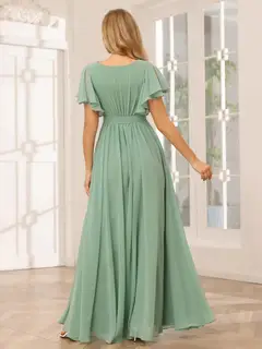 A-Line/Princess V-Neck Short Sleeves Floor-Length Bridesmaid Dresses with Sash — view 4