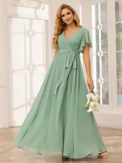 A-Line/Princess V-Neck Short Sleeves Floor-Length Bridesmaid Dresses with Sash — view 5