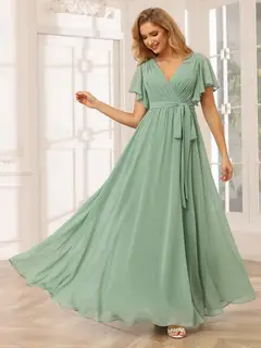A-Line/Princess V-Neck Short Sleeves Floor-Length Bridesmaid Dresses with Sash — view 7