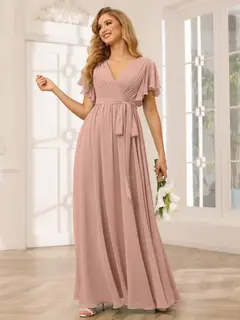 A-Line/Princess V-Neck Short Sleeves Floor-Length Bridesmaid Dresses with Sash — view 9