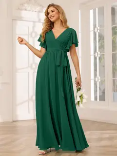 A-Line/Princess V-Neck Short Sleeves Floor-Length Bridesmaid Dresses with Sash — view 13