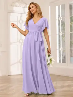 A-Line/Princess V-Neck Short Sleeves Floor-Length Bridesmaid Dresses with Sash — view 16