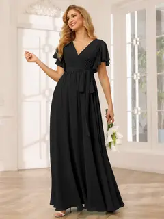 A-Line/Princess V-Neck Short Sleeves Floor-Length Bridesmaid Dresses with Sash — view 20
