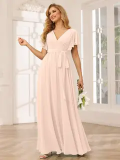 A-Line/Princess V-Neck Short Sleeves Floor-Length Bridesmaid Dresses with Sash — view 25