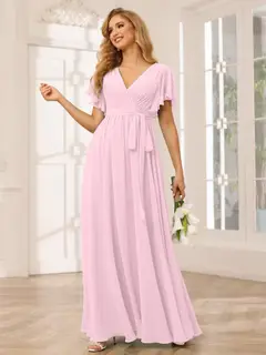 A-Line/Princess V-Neck Short Sleeves Floor-Length Bridesmaid Dresses with Sash — view 27