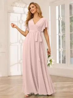 A-Line/Princess V-Neck Short Sleeves Floor-Length Bridesmaid Dresses with Sash — view 28